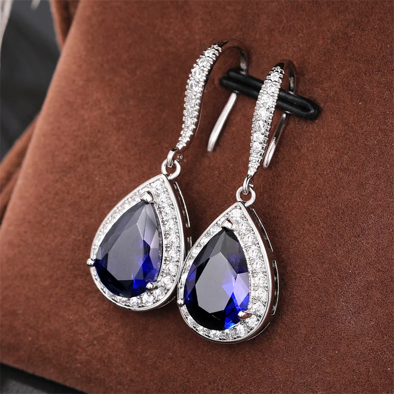 Huitan Fashion Women Hook Earrings with Blue Cubic Zirconia Exquisite Lady's Accessories Anniversary Party Gift Eternity Jewelry