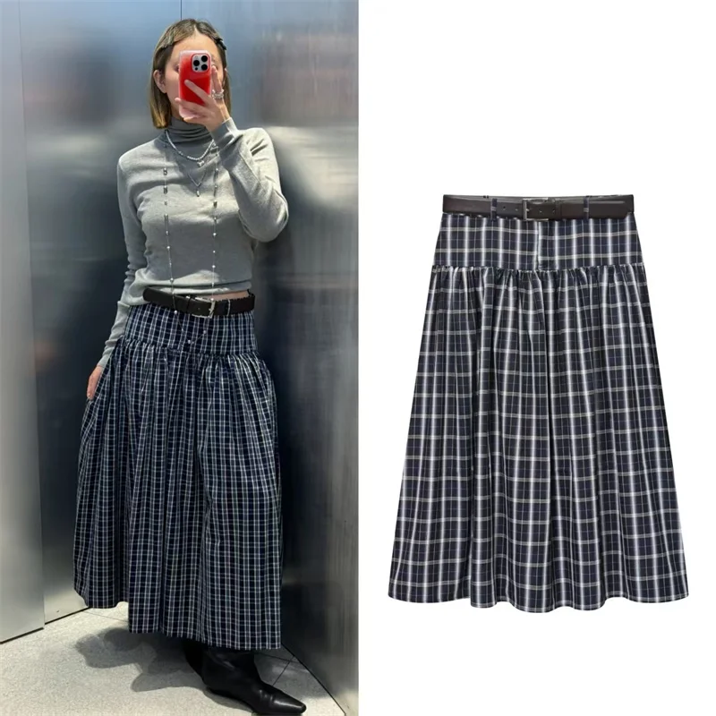 

Women's Skirt 2025 Autumn New Style Dark Blue Plaid with Belt Decorative Pleated Long Skirt Casual Fashion Versatile