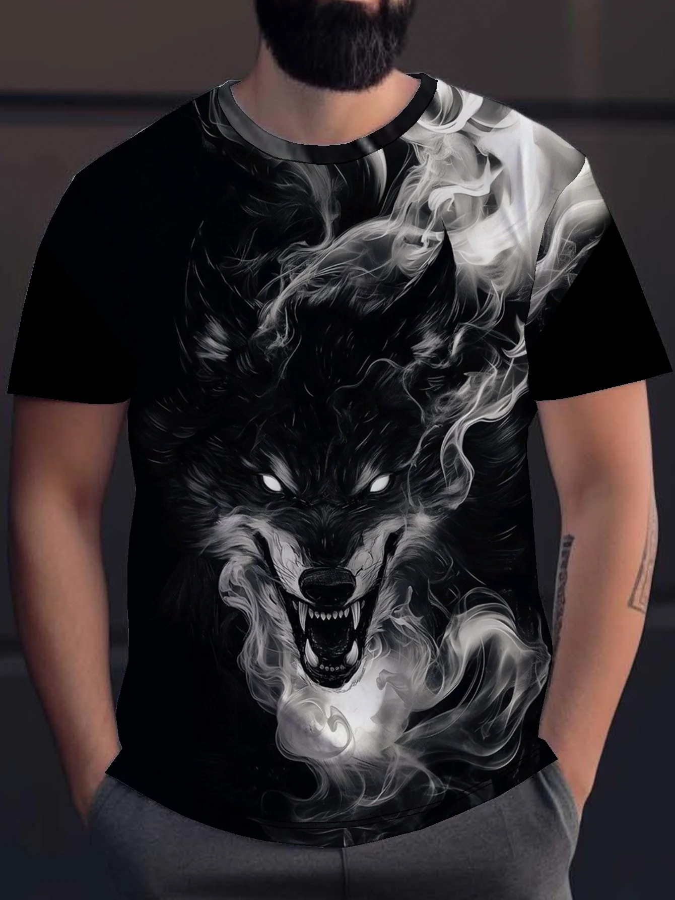 تي شيرت بطبعة جرافيك شرسة باللونين الأبيض والأسود | تي شيرت كاجوال برقبة دائرية للرجال | للملابس الرياضية في الشوارع الخارجية #1