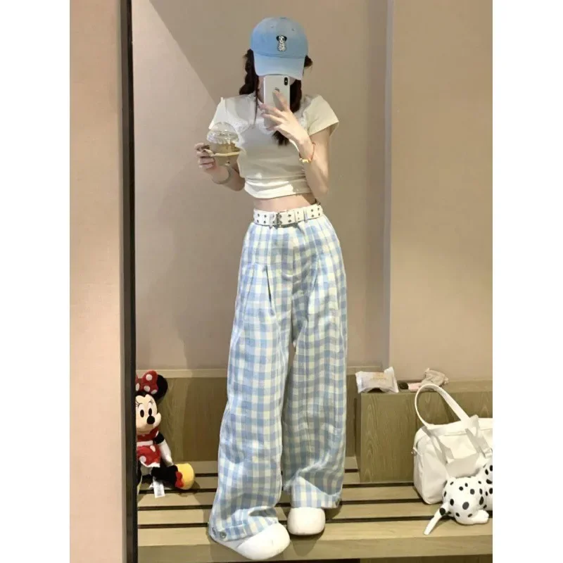 Blue-and-white plaid wide-leg pants women's early autumn design sense high waist loose drape small fresh casual slim pants.