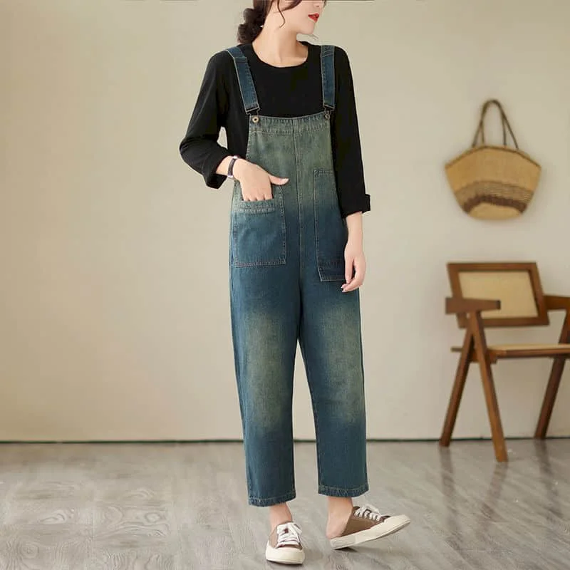 Denim Jumpsuits for Women Gradient Ankle-Length Pants One Piece Outfit Women Rompes Loose Korean Style Casual Vintage Overalls