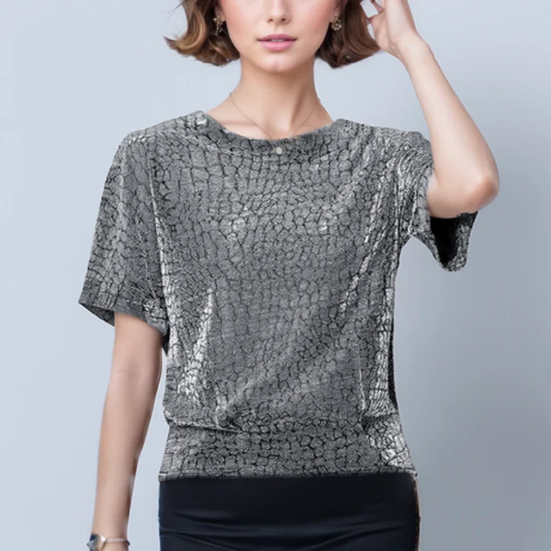 2024 Summer Fashion Stylish Shine Woman Short Sleeve Blouses New Elegant Youth Shirt Sequin Glitter Tops Casual Blusas 14081