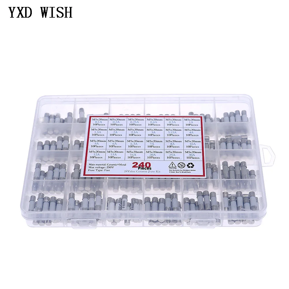 240pcs 24Values Ceramic Fuse Assorted Kit 5x20mm 250V 0.1A 0.5A 1A 2A 2.5A 3A 4A 5A 6A 6.3A 8A 10A 15A 16A 20A 30A Tube Fuses