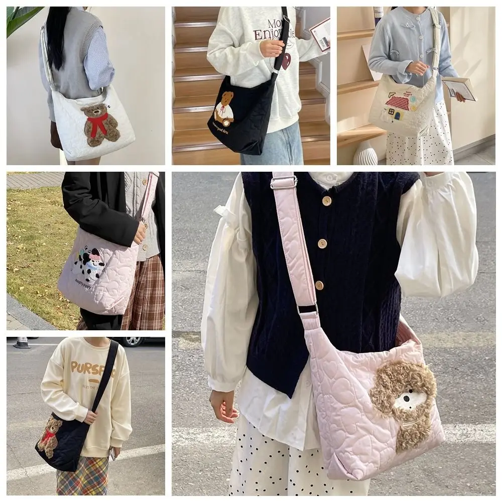 Korean Style Embroider Shoulder Bag Lightweight All-match Cotton Padded Crossbody Bag Polyester Puppy Bear Puffy Handbag Girls