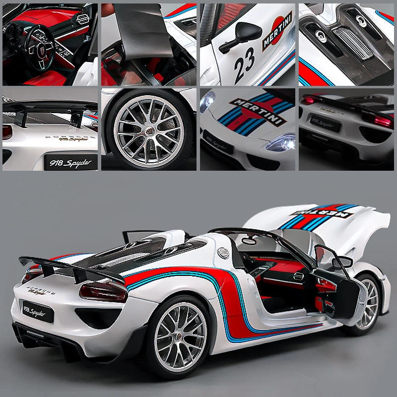 1:18 918 Spyder Martini Alloy Sports Car Model Diecasts Metal Racing Car Vehicles Model Sound and Light Simulation Kids Toy Gift