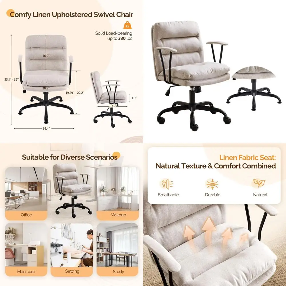 Ergonomic Swivel Desk Chair without Wheels, Dual Base, Detachable Armrests, Adjustable for Office, Sewing, Makeup, Study, in Lin