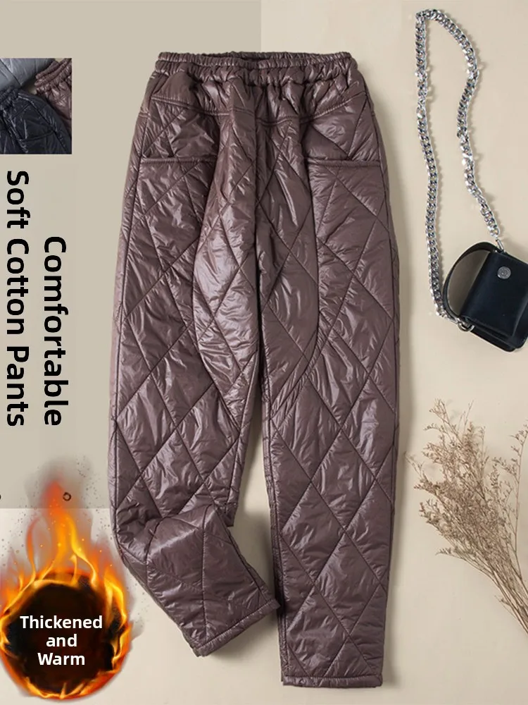 Plus Size Damen Daunen-Baumwollmischung, leichte lange Hose, hohe Taille, gerades Bein, verdickte Baumwoll-Oberbekleidung, Herbst-Winter