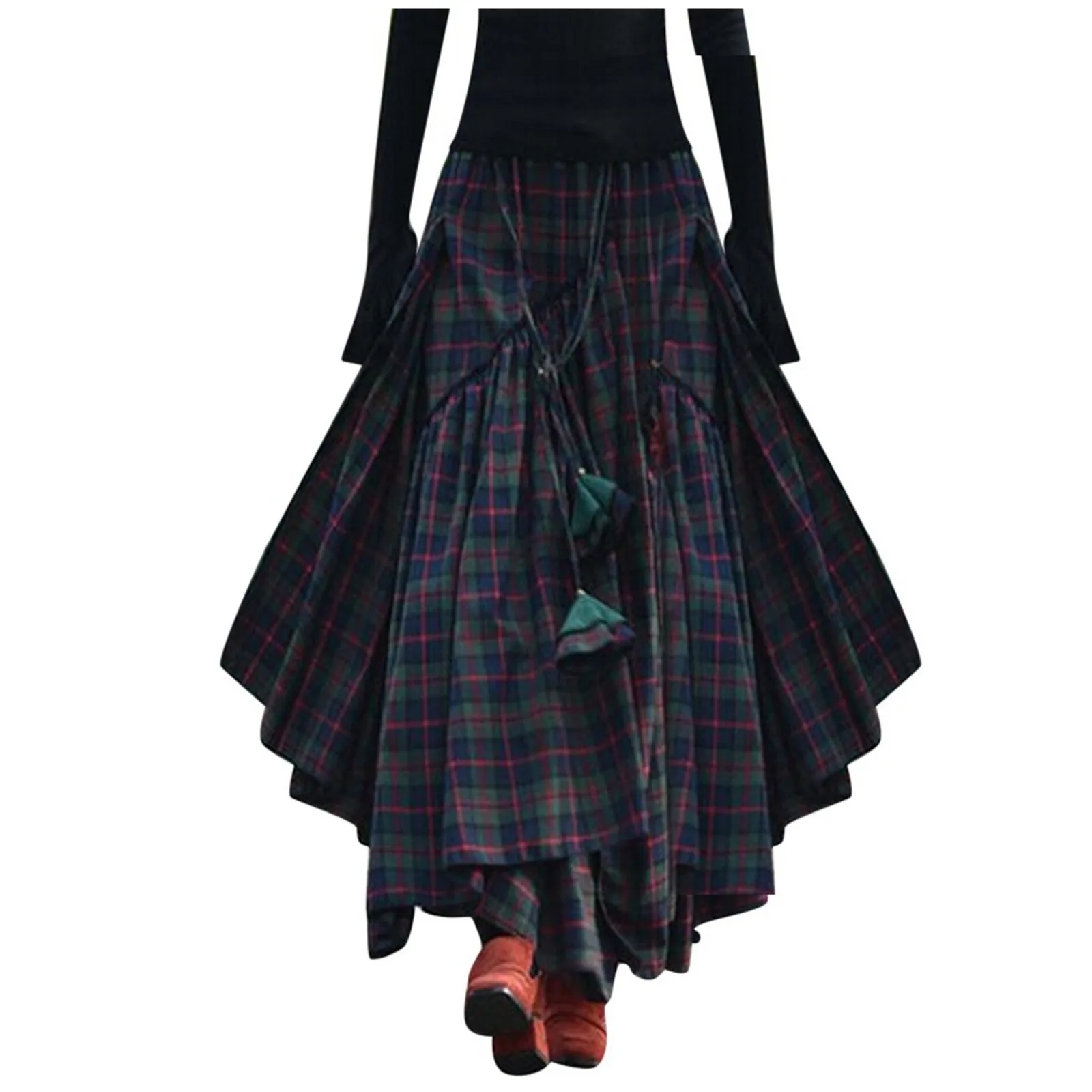 2024 New Fashionable Retro Skirt Asymmetric High Waisted Ankle-Length Skirts Women's Loose Plaid Printed Fringe Sundreses