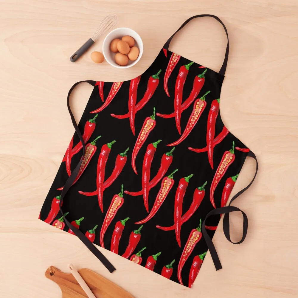 

Red hot peppers on a black background. Apron Kitchen on the wall For Girl Men'ss chef costume Apron
