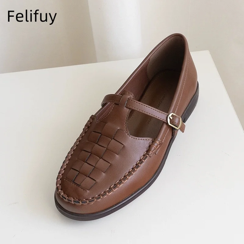 

British style Breathable Women's Sandals Buckle Strap Retro Woven Flat Heel Comfortable All-Match Casual Fashion Footwear