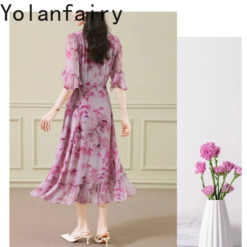 YOLANFAIRY 100% فستان حريري التوت الطبيعي للنساء أوائل الخريف الراقية فساتين طويلة امرأة أنيقة الأزهار الوردي فستان 2025