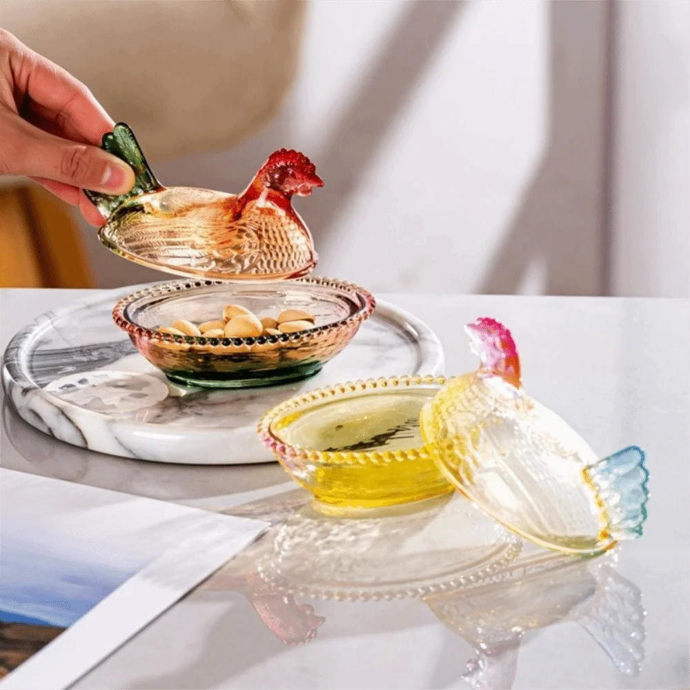 

Glass Chicken Shaped Storage Jar Smooth Color Thickening Hen on Nest Candy Dish with Lid Decorative Hen Candy Dish Home