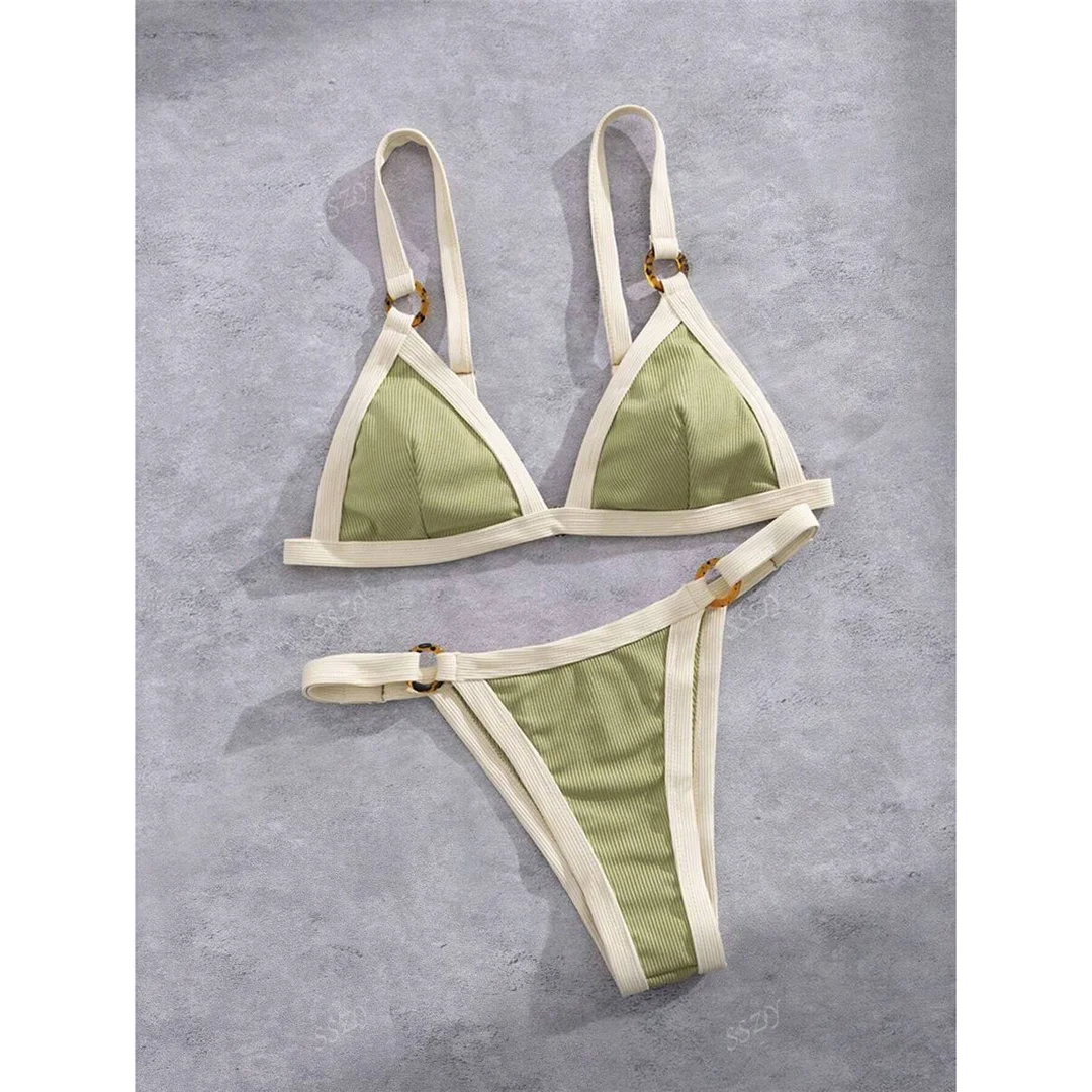 Gestreifter Bikini mit Riemchen, Damen-Badebekleidung, zweiteiliger Bikini-Set, hoch geschnittene Beine, gepolsterter Badeanzug, Badebekleidung, Schwimmbekleidung V7694 – Detail 8