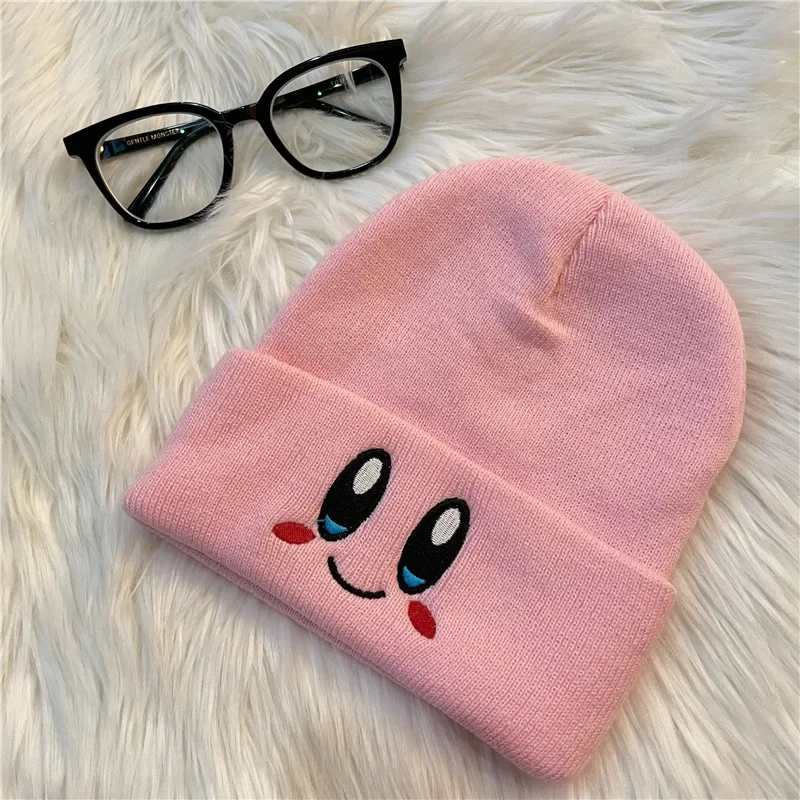 Cute Kirby Beanies Women Winter Warm Hat Anime Cartoon Solid Color Kawaii Embroidery Caps for Girls Knitted Bonnet Female Gift