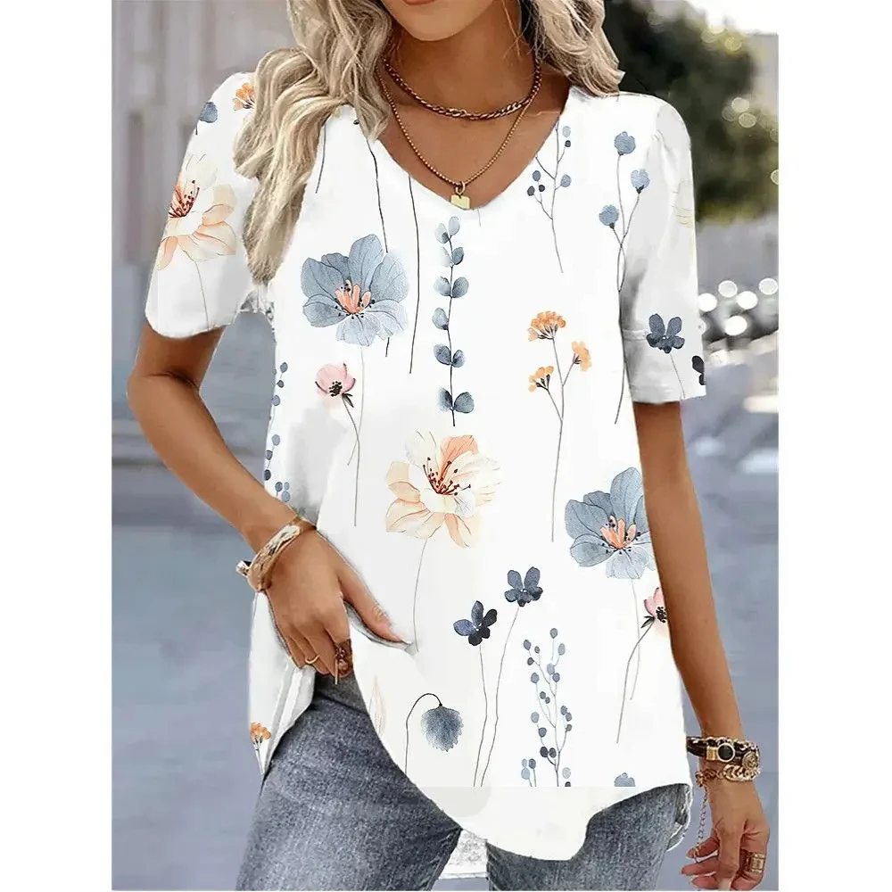 Moda Kobieta Bluzki 2024 T-shirt Damski 3d Kwiatowy Nadruk Biały Kawaii V-neck T Shirt Odzież Damska Oversize Letnie Topy Tee
