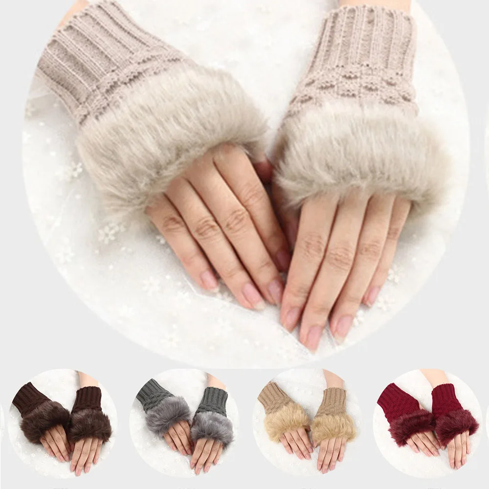 Winter Women Plush Gloves Faux Rabbit Fur Knitting Gloves Warm Soft Wool Fingerless Mittens Wrist Crochet Half Finger Gloves