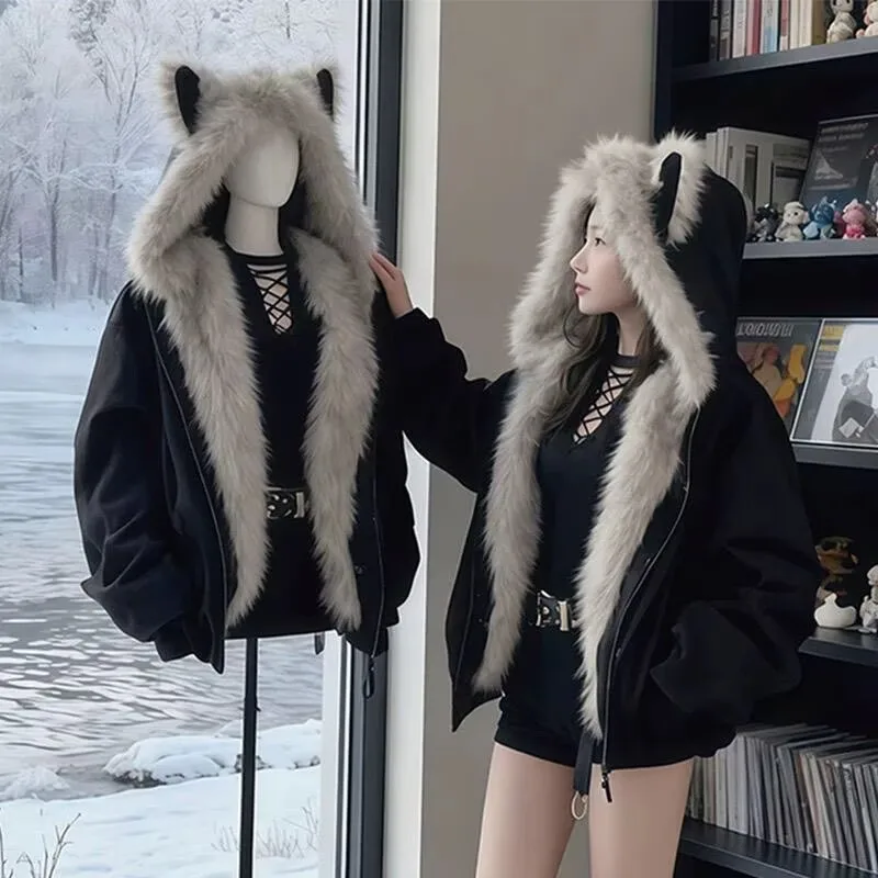 Kawaii Cat Ear Fur Hooded Coat Women Winter Oversized Black Lined Jacket Y2K Grunge Style Warm Thick Chic Casual Outerwear