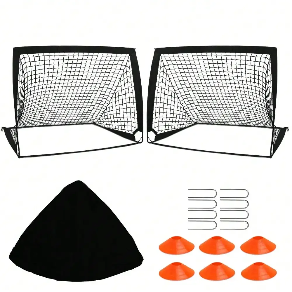 

Portable pop-up soccer goals in practical size, easy to set up and fold for easy storage. Comes with training cones, sturdy and durable, perfect for backyard and indoor use, ideal for kids soccer training and casual sports games