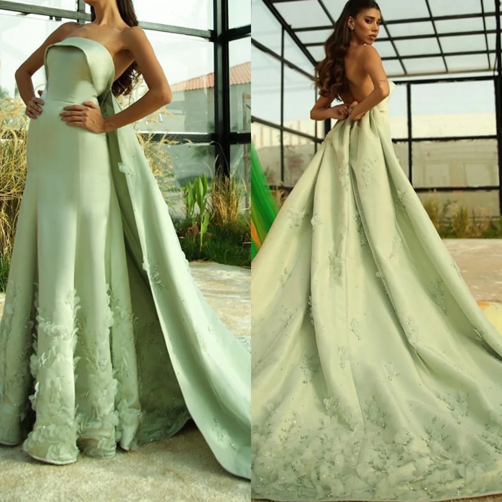 

Customized Delicate Light Green Satin Evening Dress Classic Strapless Sleeveless Open Back Flowers Special Occasion Gowns