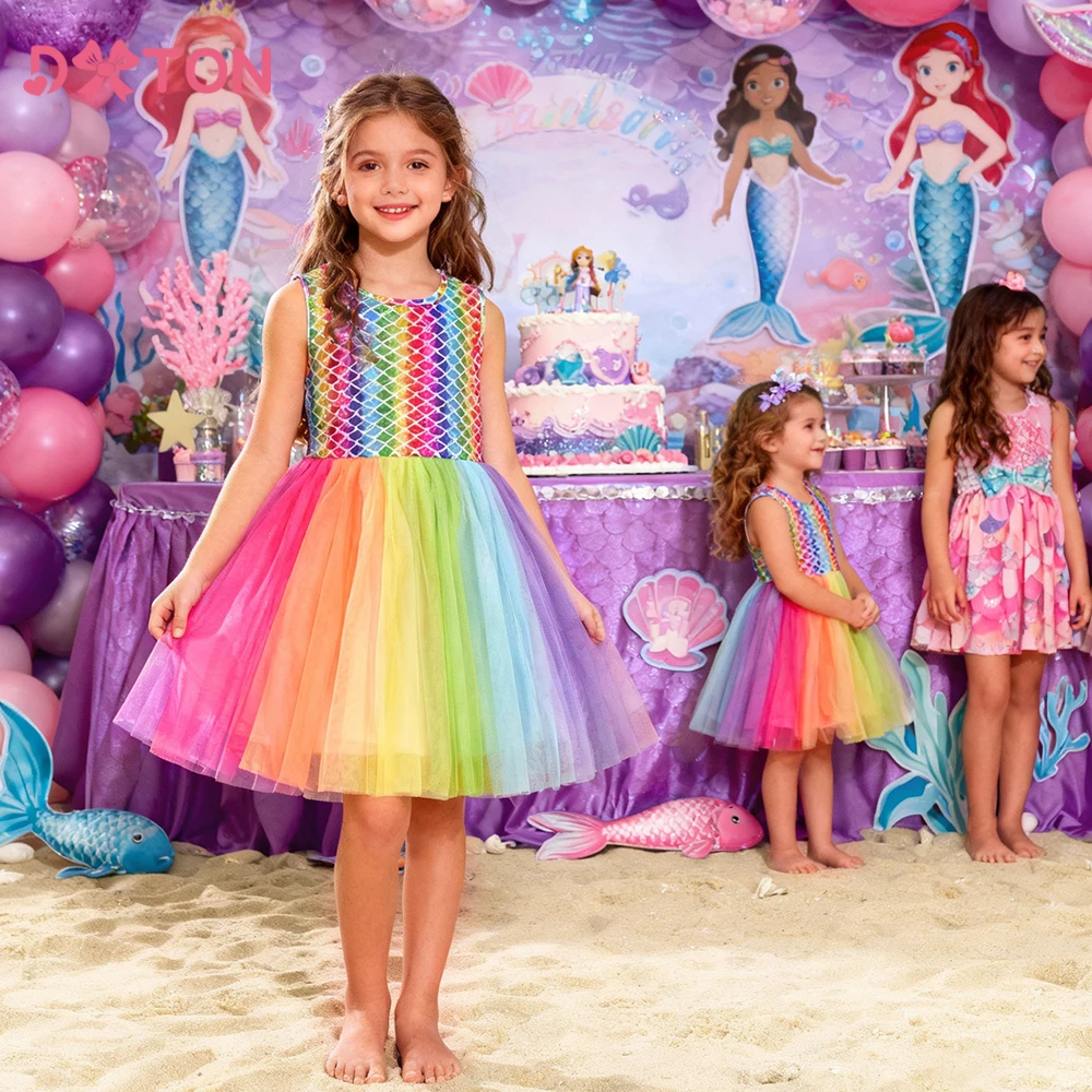 DXTON Children's Summer Holiday Clothing Sleeveless Girls Dress Colorful Tulle Patchwork Princess Dress Ocean World Kids Outfits