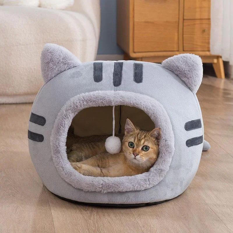 Semi-enclosed Cat Bed Non-slip Pet Kennel  Kitten House Indoor Sleeping Cats Cave Bed Plush Foldable Small Dogs Tent Stuff