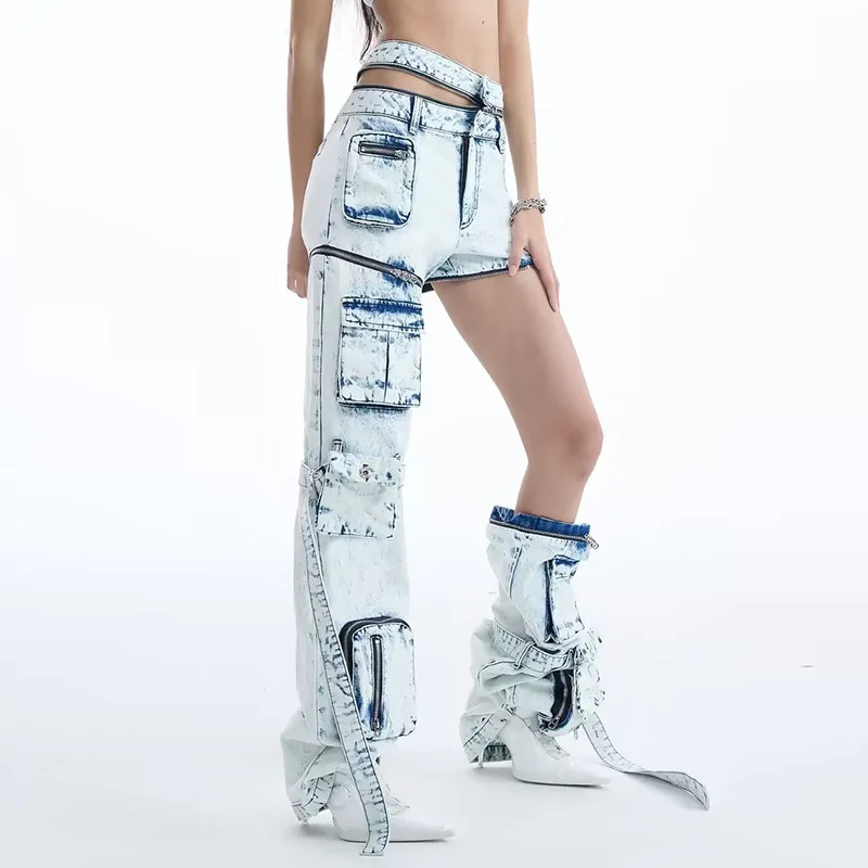 

2023 Autumn New Collection Zippers Hollow Out Design Pockets Light Blue Denim Pants Women Cargo Jeans