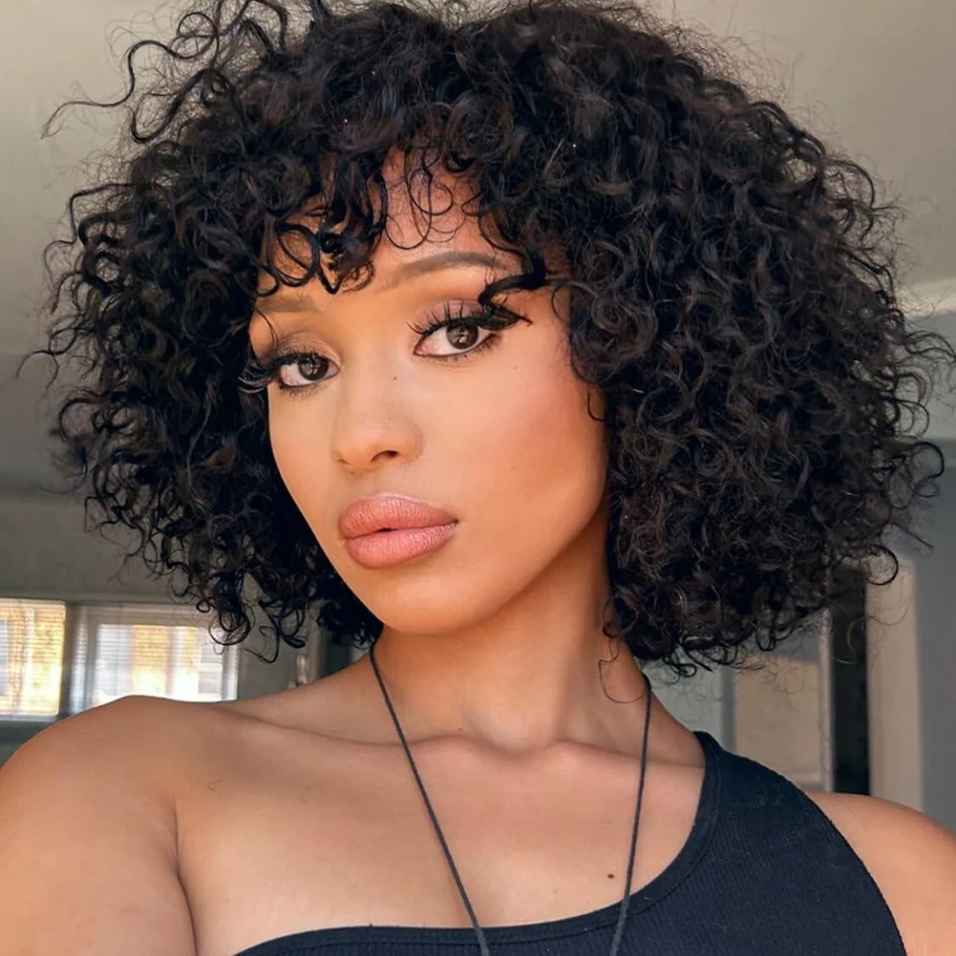 

Kinky Curly Human Hair Wigs With Bangs For Women 2X1 Middle Part Realistic Scalp Curly Bob Wigs Remy Brazilian Hair Wigs On Sale