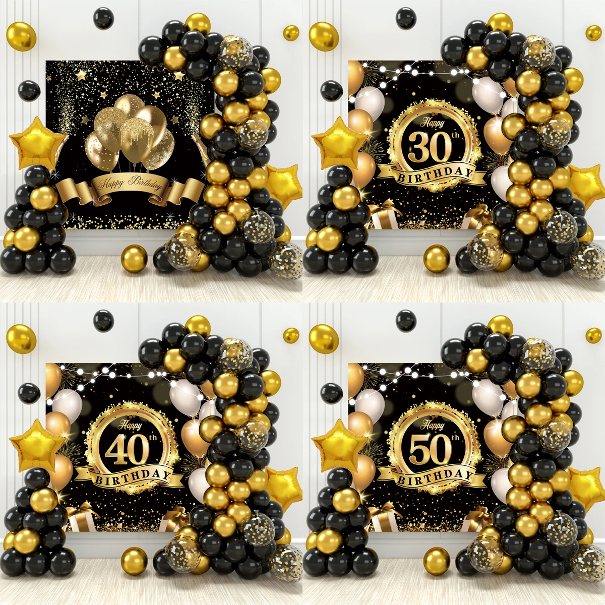 

Black Gold Glitter Backdrops Birthday Balloons Garland 18th 30th 40th Happy Birthday Party Decor Adult Hanging Flags