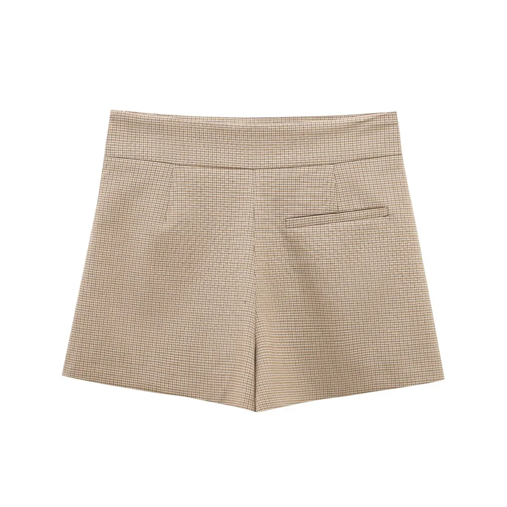 Pantalones cortos de cintura alta con decoración de cremallera a cuadros, versátiles, informales, a la moda de primavera para mujer
