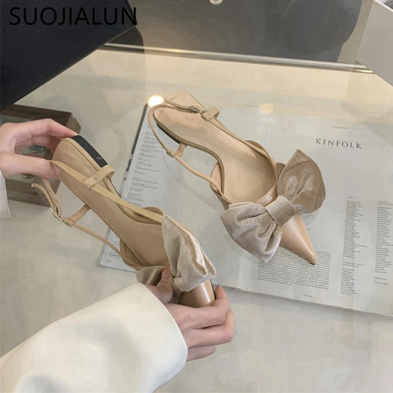 SUOJIALUN 2024 Spring New Women Sandal Fashion Big Bow-knot Ladies Elegant Slingback Shoes Flat Heel Outdoor Dress Mules Sandal