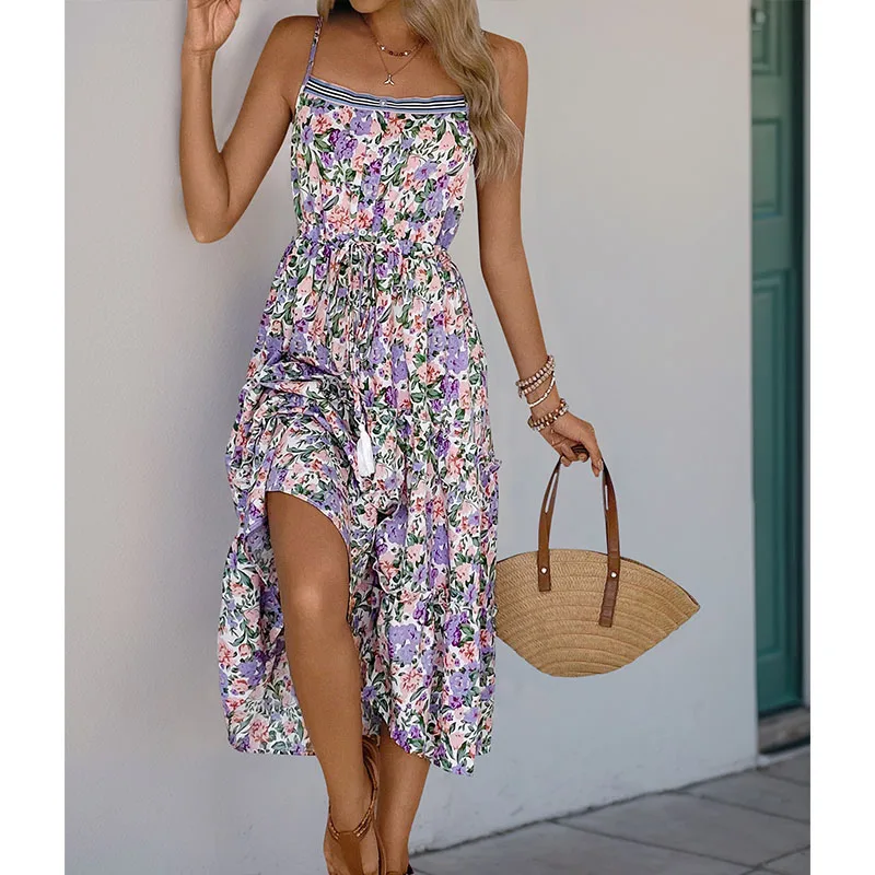 Sexy bloemenprint dames zomer lange jurk casual backless strand zonnejurk boho mouwloze kant-up maxi-jurken vrouwelijke vestidos