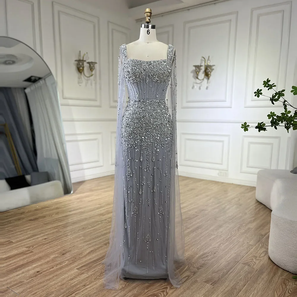 Serene Hill Arabic Gray Mermaid Beaded Luxury Dubai Long Evening Gown with Cape Sleeves Elegant Customize - Party 2025 BLA72592