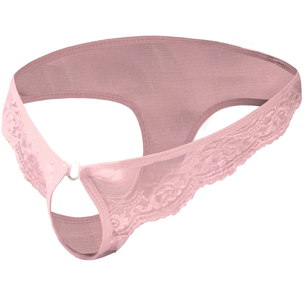 Men Front Hole Penis Ring T Back Thong Gays Lace Floral Sexy Fun Underwear Sissy Transparent Mesh Low Waist Convex Pouch Panties