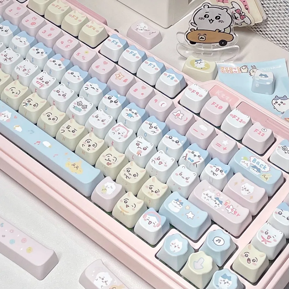 Cute Chikawa Theme Keycap Set 141key PBT Custom Kawaii Cat Ear Keyboard Cap for Girl MAO Profile KeyCap for Mechanical Keyboard