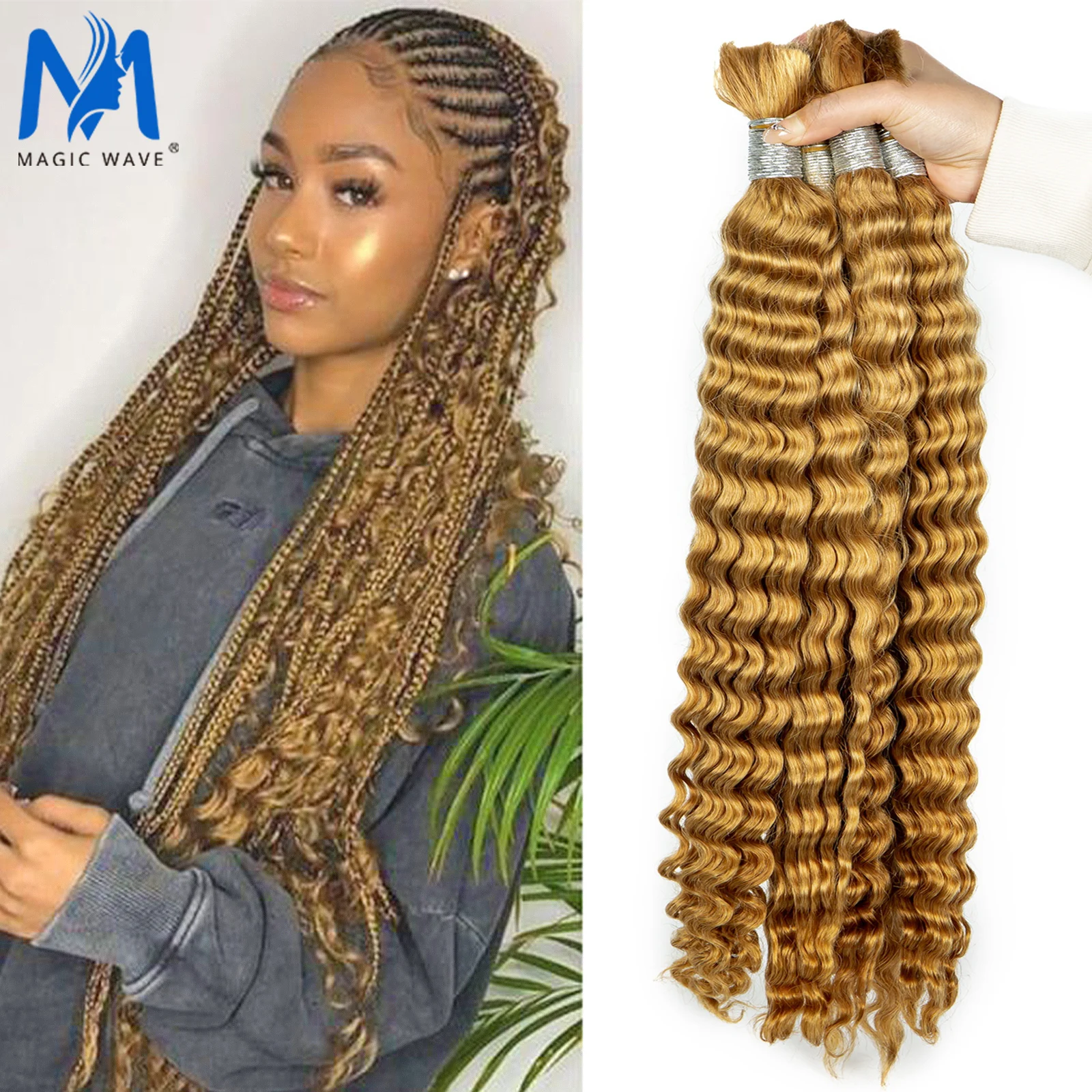 

Braiding Hair 27# Honey Blonde Human Hair Bulk for Braiding Brazilian Deep Wave No Weft Human Hair Colored Remy Hair Extensions