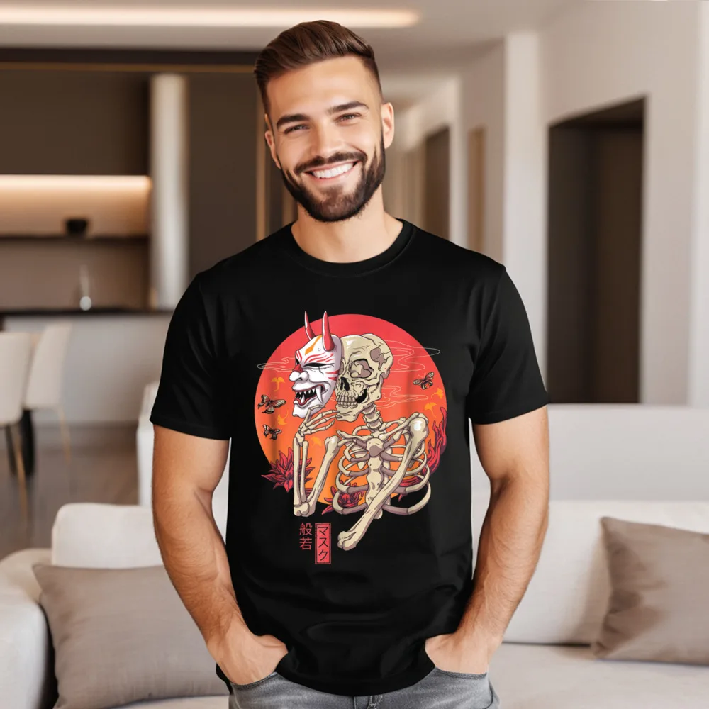 Hannya Yokai Mask T shirt Round Neck T-shirts Mother Day Tops Tees Short Sleeve Graphic All Cotton Printing T Shirt Summer Mans