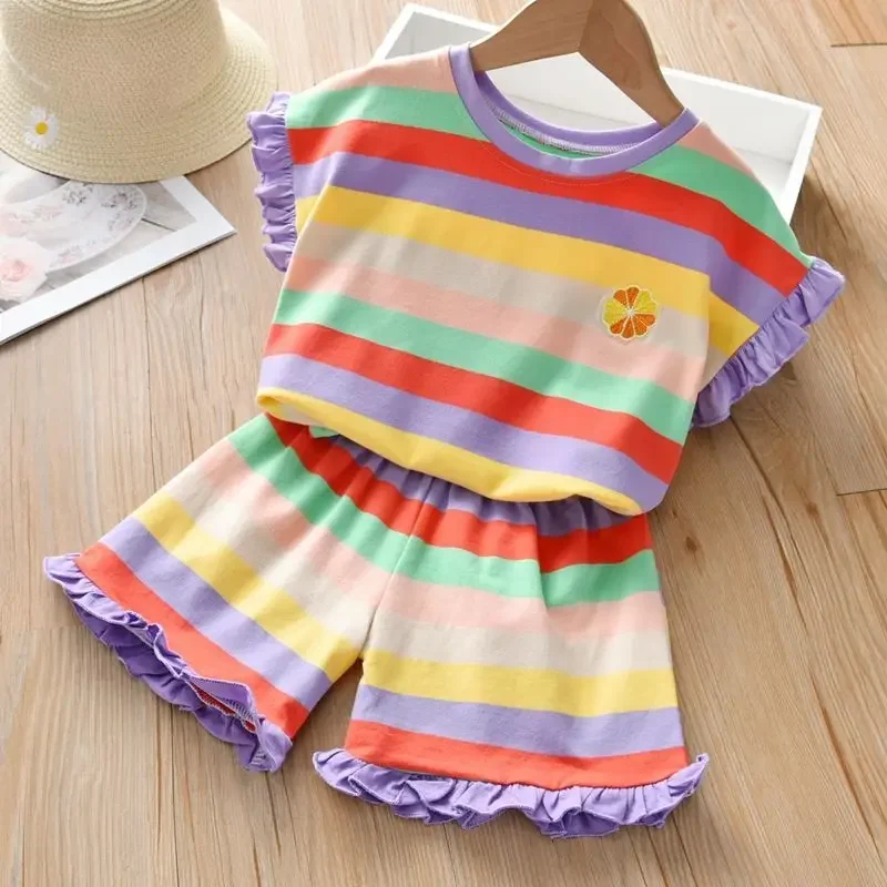 Children\'s Clothing Sets Floral Embroidery Short Sleeve Lace Top + Striped Printed Shorts 2pcs Sets Kids Clothes for Girls