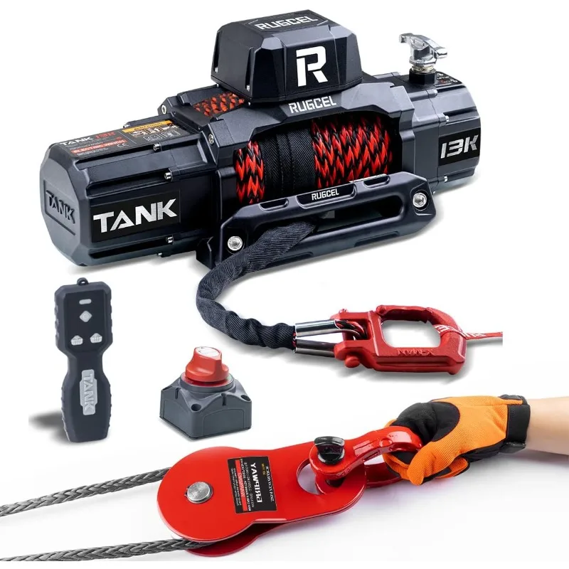 Winch 13500lb Waterproof Electric Synthetic Rope Winch 12V with Hawse Fairlead,Remote, Double Colored Rope,Snatch Block