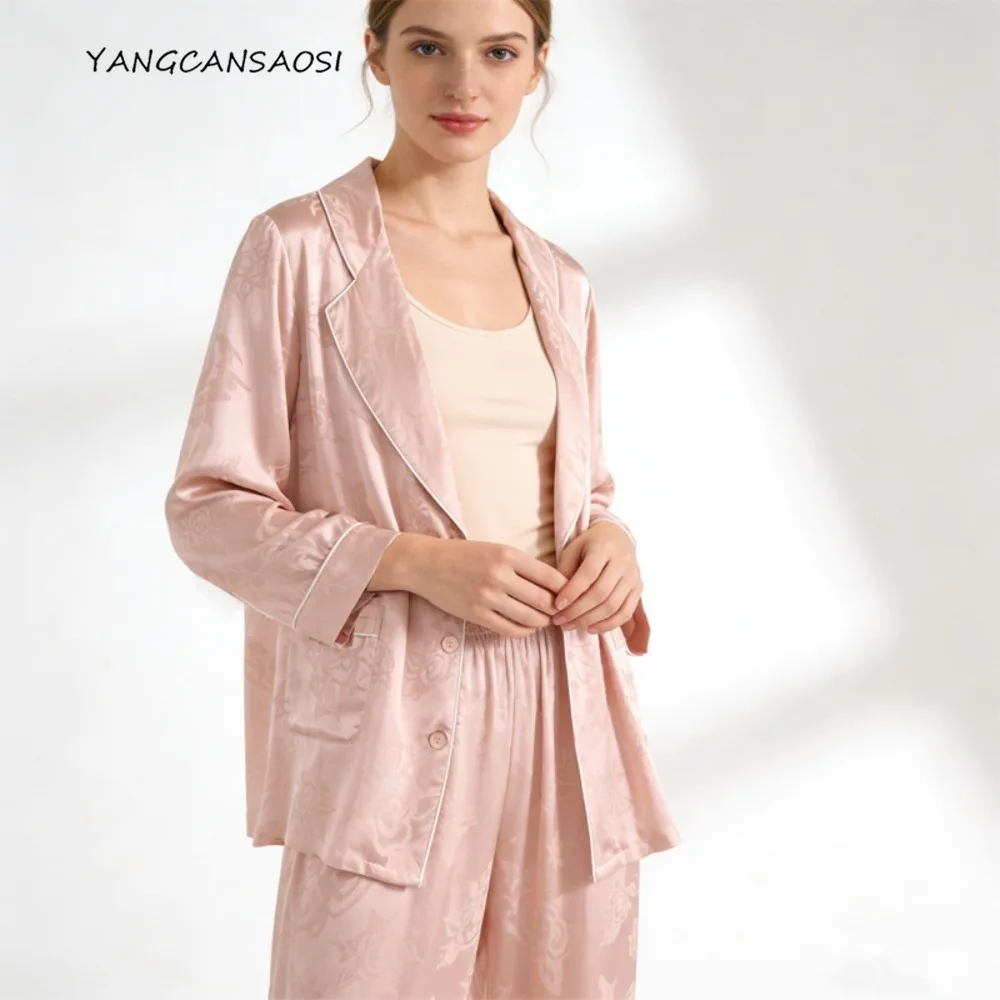 

2026 Women's Fashion Spring Clothing 100% Natural Mulberry Silk Jacquard SangBo Satin Solid Versatile Elegant Pajama Set