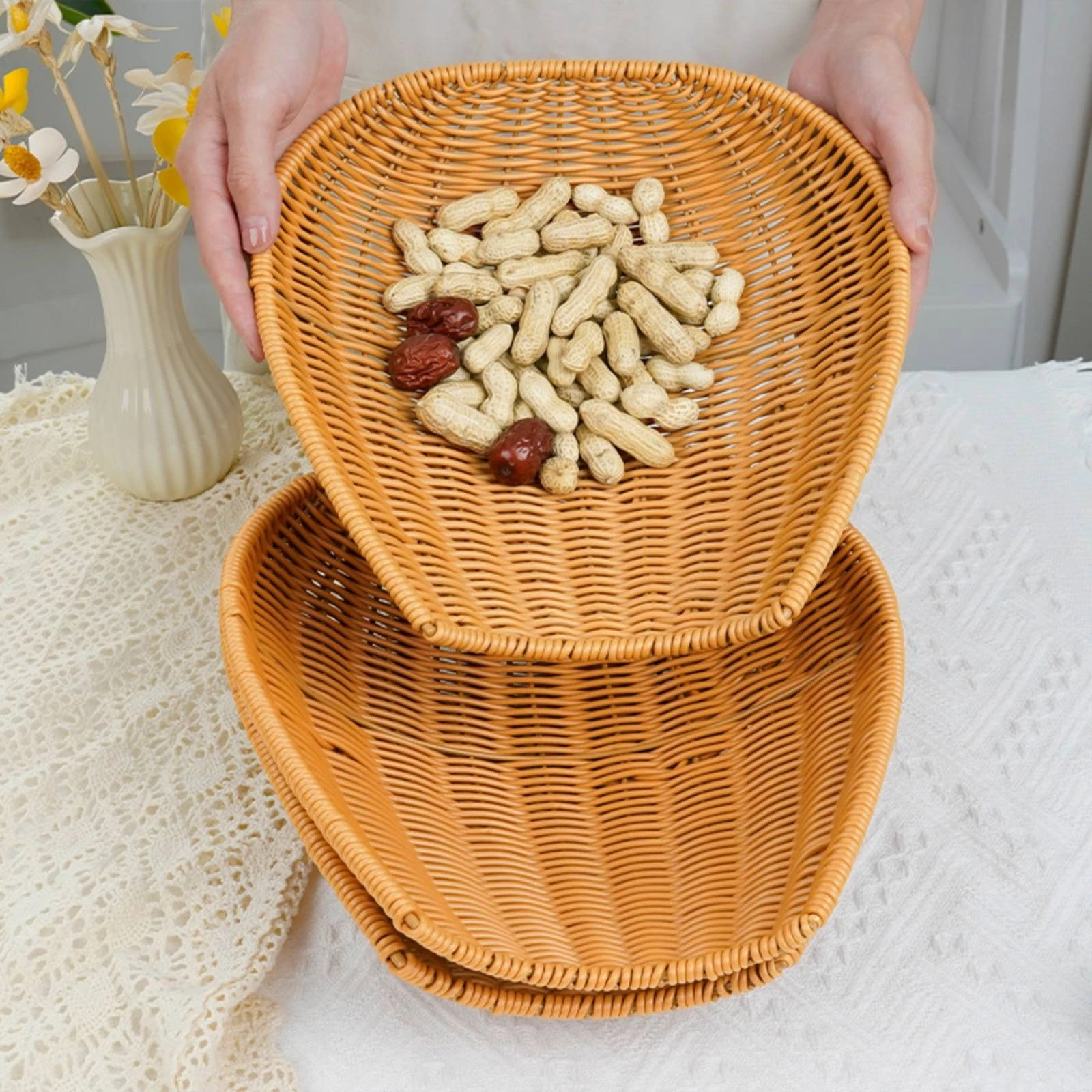 Oval Woven Basket Handwoven Rice Rinsing Basket Kitchenware Shallow Houseware Raised Rim