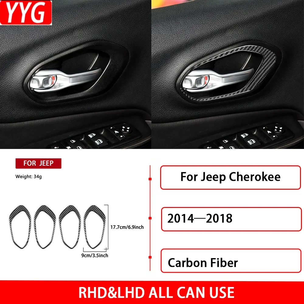 For Jeep Cherokee 2014—2018 Car Accessories Real Carbon Fiber Interior Door Puller Inner Frame Cover Trim Sticker Decoration