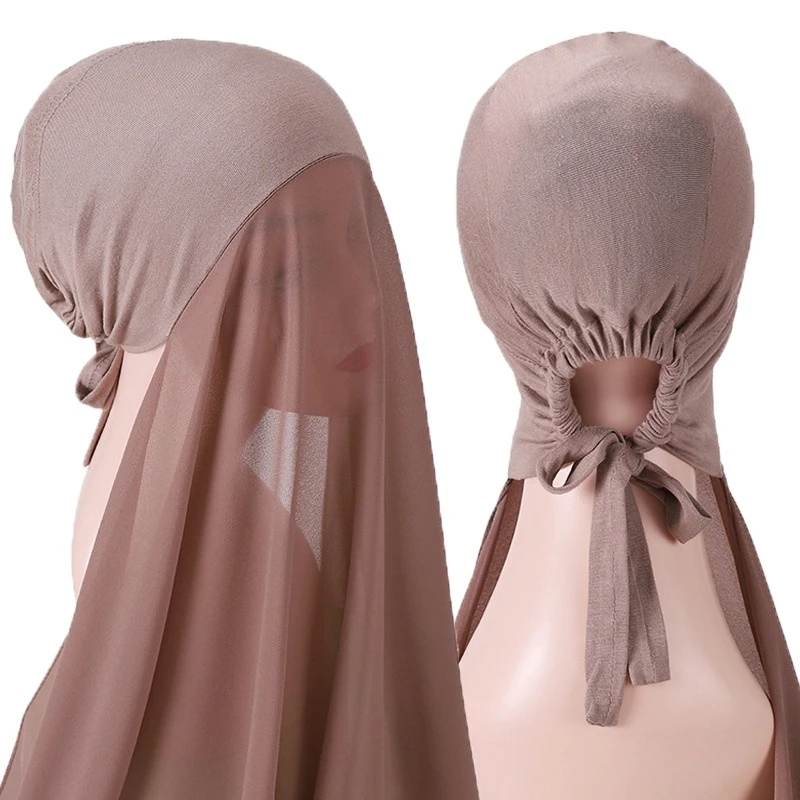 

Muslim Instant Hijab sew Tie Caps Women Premium Chiffon Hijab with Elasticity Adjustable Cotton Modal Undercaps Non-slip Scarf