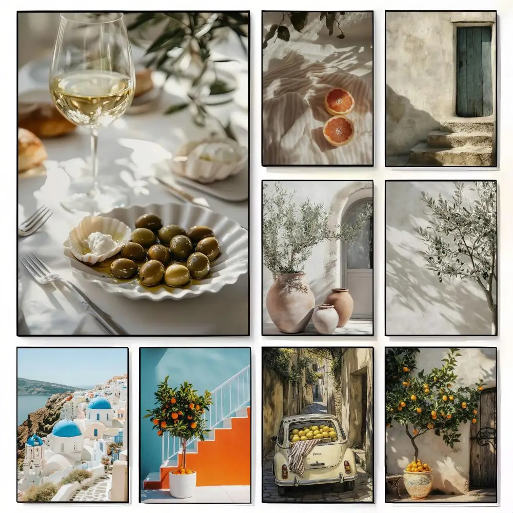 Italian Lemon Orange Olive Tree Retro Mediterranean Greece Landscape Poster Canvas Wall Art Print for Living Room Home Decor