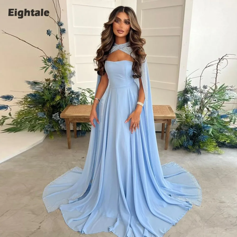 Eightale Arabic Evening Dress Customized Chiffon Strapless A-Line Cap Sleeves Baby Blue Beaded Celebrity Prom Wedding Party Gown