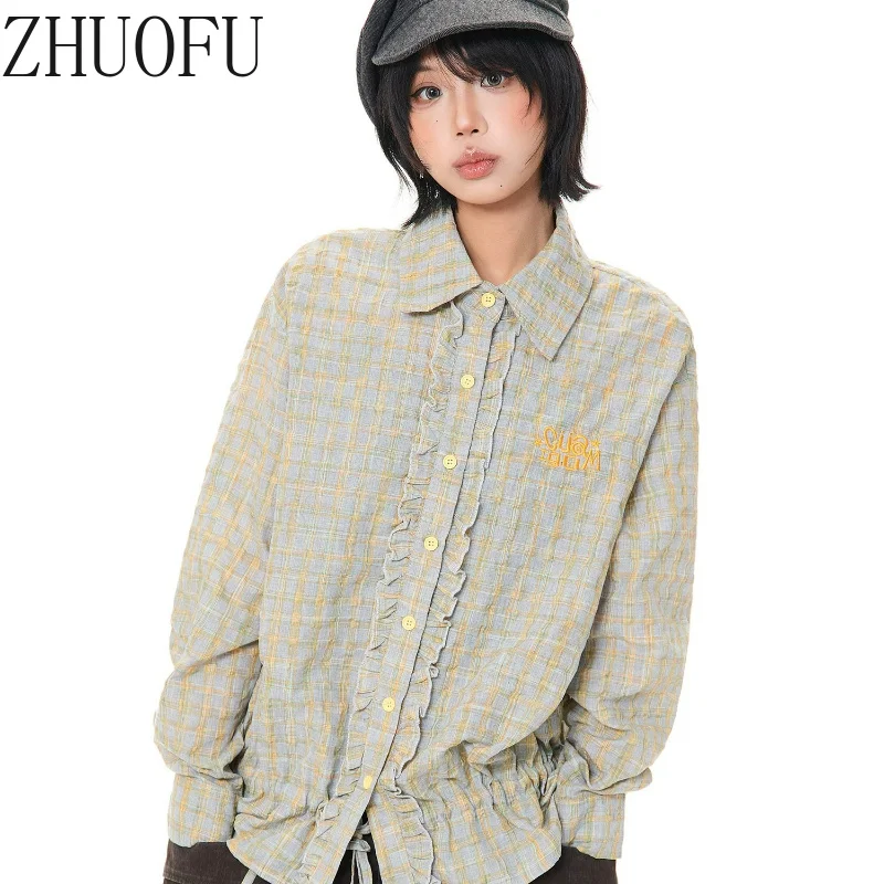 Korean Girl's Fungus Edge Plaid Long-sleeved Women's Shirts 2026 Autumn New Loose Thin Versatile Drawstring Shirt Top Ladies