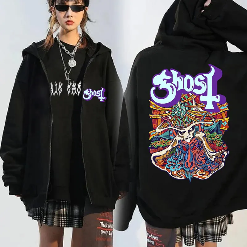 Jaket hoodie bertudung ritsleting mobil Band hantu Vintage mode pria Hip hop Gotik pakaian jalanan ukuran besar mantel baju olahraga bulu