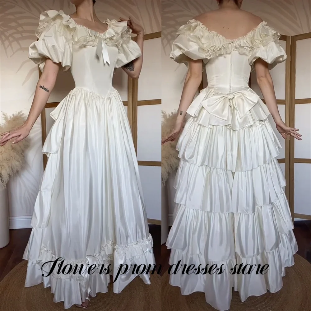 

Flowers White Party Dress Off the Shoulder Puffed Sleeve Evening Dress with Bow فساتين السهرة Gala Dress Customized