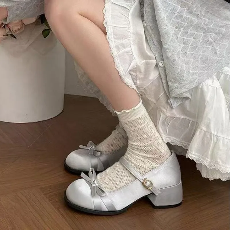 الحرير كتلة كعب أحذية واحدة الخريف جديد جولة تو الفم الضحلة القوس حزام هريرة كعب الأحذية #4