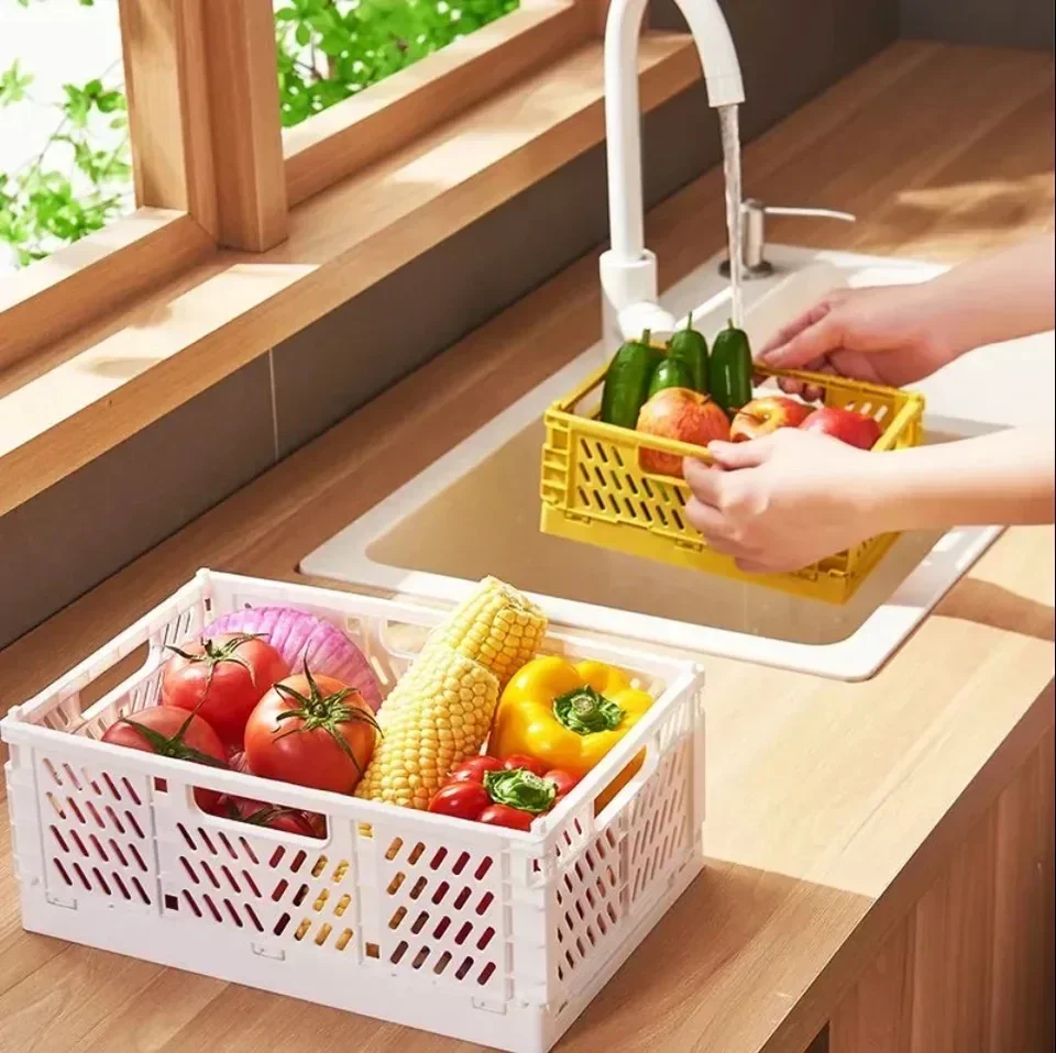 Foldable Plastic Storage Basket, Desktop Miscellaneous Storage Box, Kitchen Vegetable and Fruit Filter Basket