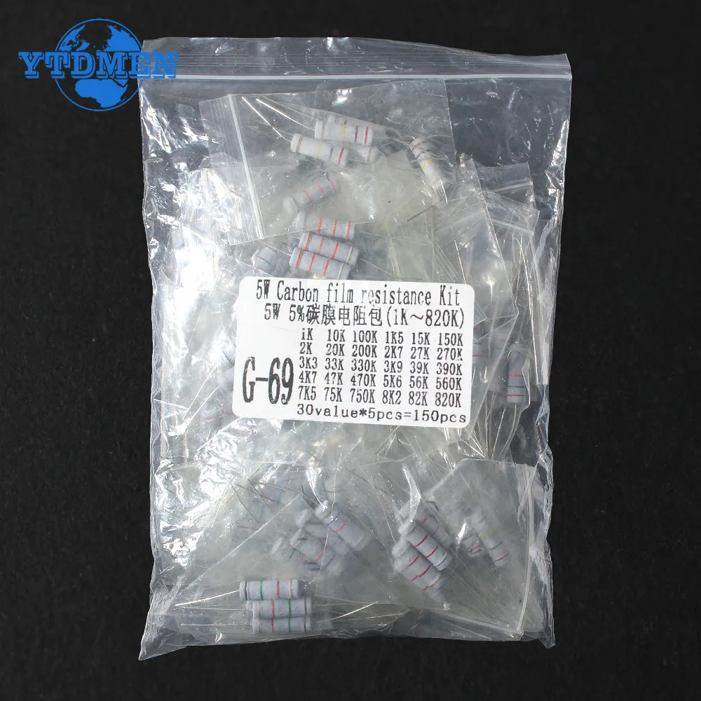 Imagem -06 - Carbon Film Resistor Variedade Kit Ohm Resistores Kits Faça Você Mesmo 5w de Resistência 0.1r750r 1k820k 150 Pcs